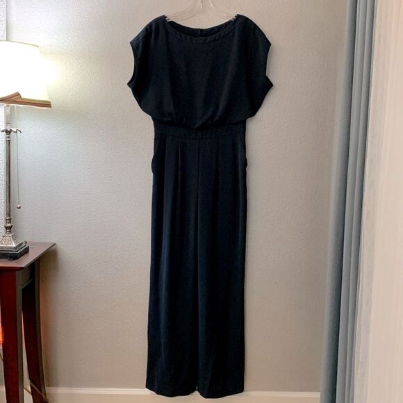 ELIZA J  Jumpsuit Cap Sleeve Wide Leg pockets back zip closure navy women size 4 - Picture 1 of 16
